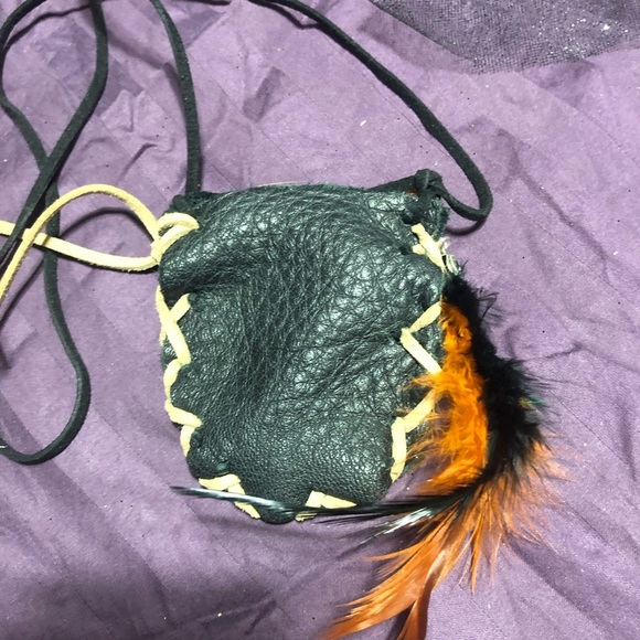 Black Leather Pouch with Orange Feather Accents - Picture 2 of 7